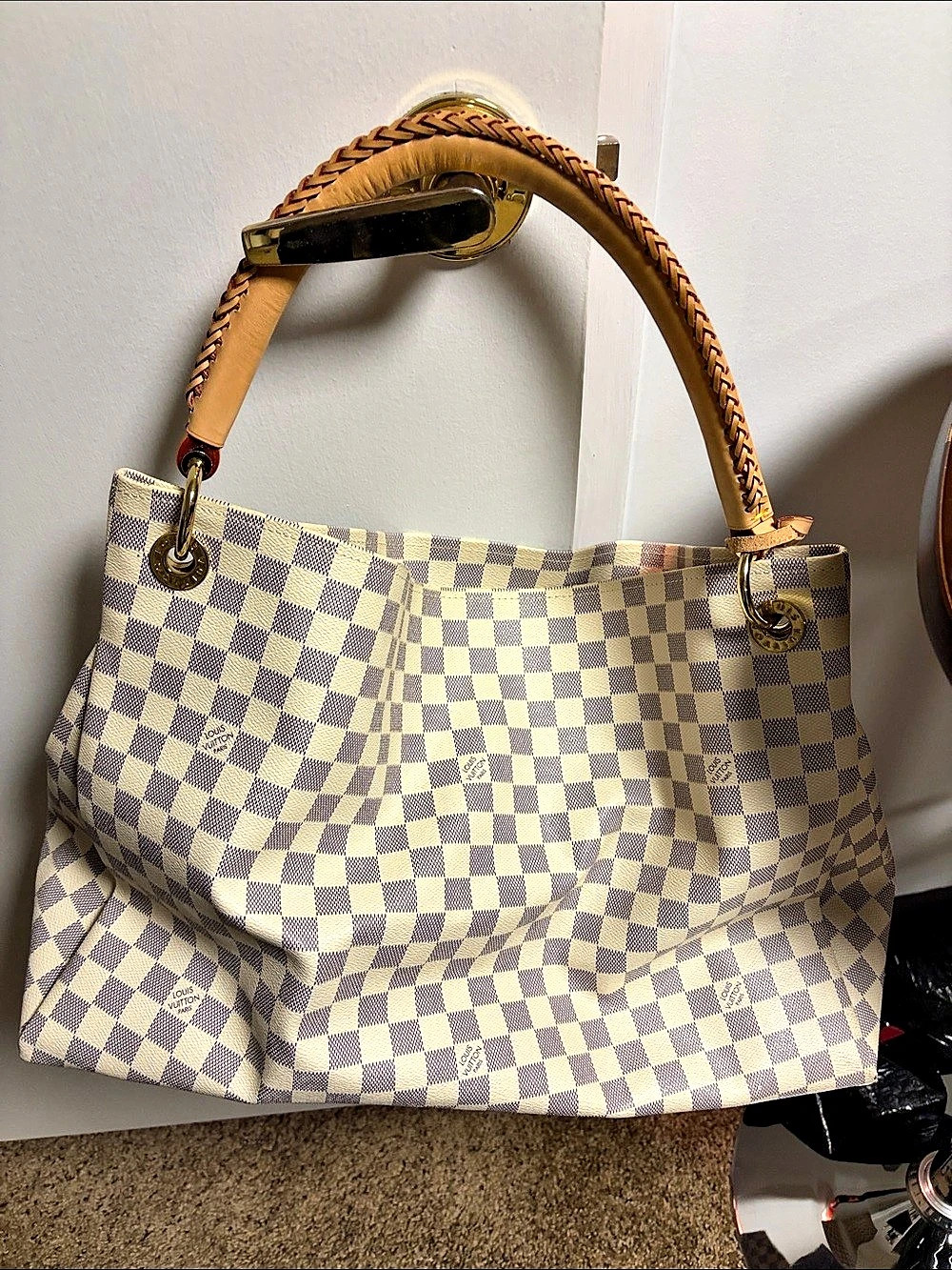 Louis Vuitton Artsy MM Checkered Shoulder Bag in White & Purple